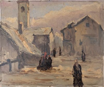 un tableau représentant des personnes marchant dans une rue d'un village