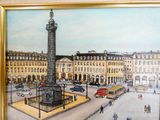 un tableau représentant une place de ville avec une tour horloge en son centre