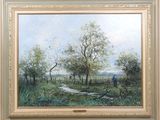an oil painting of a man in a field with trees and a stream