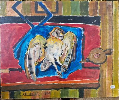 un tableau représentant un hibou perché sur une table