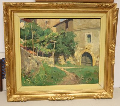 an image of a painting of a house in a field
