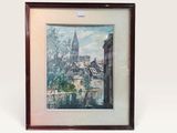 framed picture of a painting of a city with a church in the background