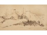 an old drawing of a group of people on a hill
