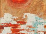 un tableau représentant un soleil rouge au-dessus d'une étendue d'eau