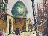 painting of a painting of a mosque with a green dome on top