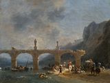 une image représentant un tableau dans lequel on voit des personnes sur un pont enjambant un plan d'eau