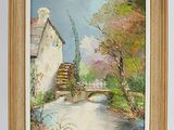 an oil painting of a house and a stream in a country setting
