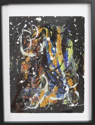 painting of a black and yellow abstract painting with white and blue paint splatters