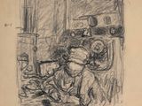 dessin représentant une femme assise à une table, une assiette à la main