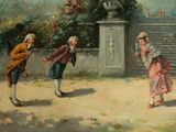 a painting of a man and a woman playing with a dog