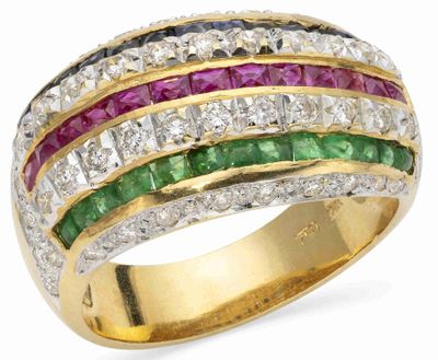 Bague OR Jaune 18k, Diamant, Rubis, Saphir, Emeraude