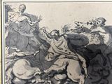 a black and white drawing of a man on a horse and a woman on a horse