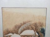 a picture of a painting of a house in the snow
