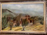 an oil painting of a landscape with a house and trees