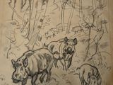 drawing of a group of animals in a wooded area next to a tree