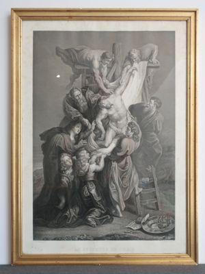 une peinture représentant un groupe de personnes dans une pièce