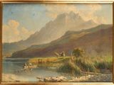 an oil painting of a mountain scene with a boat in the water