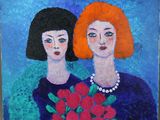 tableau représentant deux femmes aux cheveux roux et vêtues d'une robe bleue, tenant des fleurs