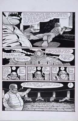 a black and white comic strip with a cartoon of a man in a suit