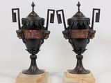 pair of antique bronze and marble urns on marble bases
