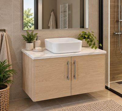 une salle de bains équipée d'un lavabo, d'un miroir et d'une douche