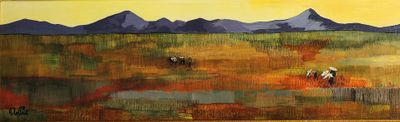 a painting of horses grazing in a field with mountains in the background