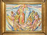 an oil painting of a group of people in a boat on a body of water