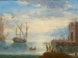 peinture représentant une peinture d'une scène portuaire avec des bateaux sur l'eau