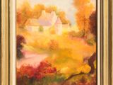 an oil painting of a farm scene with a house in the background