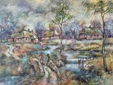 tableau représentant un village traversé par une rivière