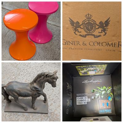 quatre photos différentes représentant une statue de cheval, une table et une boîte