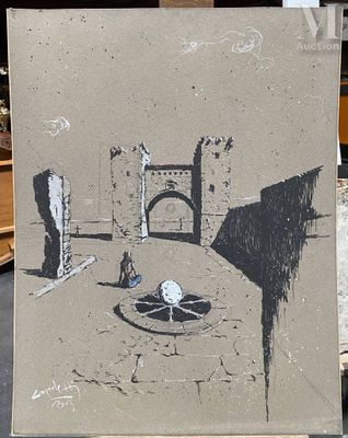 une photo d'un tableau représentant un château sur lequel figure une horloge