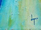 a close up of a painting of a blue and green background
