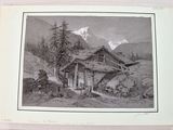 a picture of a picture of a cabin in the mountains