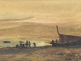 tableau représentant une scène de plage avec un bateau et des personnes sur le rivage
