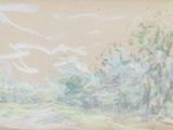 drawing of a landscape with trees and a road in the foreground