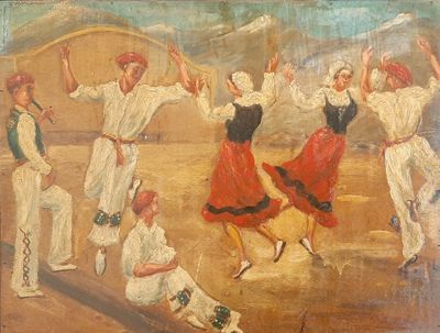 a painting of a group of people playing a game of baseball