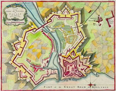 an old map of a city with a river running through it