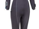 the wetsuit is black and has a zipper on the chest