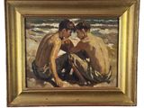 une image représentant un tableau où l'on voit deux garçons assis sur la plage