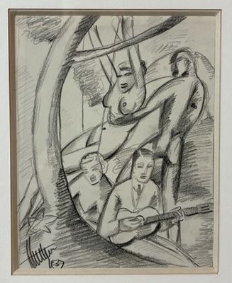 dessin représentant un homme jouant de la guitare et une femme assise sur un banc