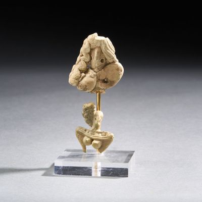 une petite statue représentant une tête humaine posée sur un socle