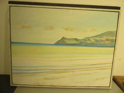 a picture of a painting of a beach with mountains in the background