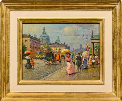 painting of a city street scene with people walking and holding umbrellas