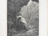 an old black and white drawing of a man and a woman in a cave