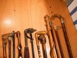 many different types of walking canes lined up on a shelf