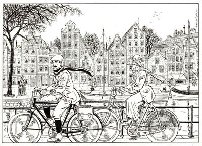 dessin représentant deux personnes à vélo sur un pont en ville