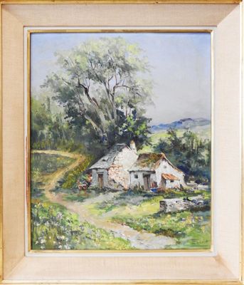 an image of a painting of a house in a field