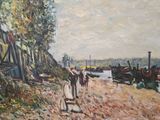 a painting of a group of people walking down a dirt road