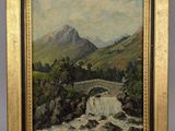 an oil painting of a mountain scene with a river and a bridge